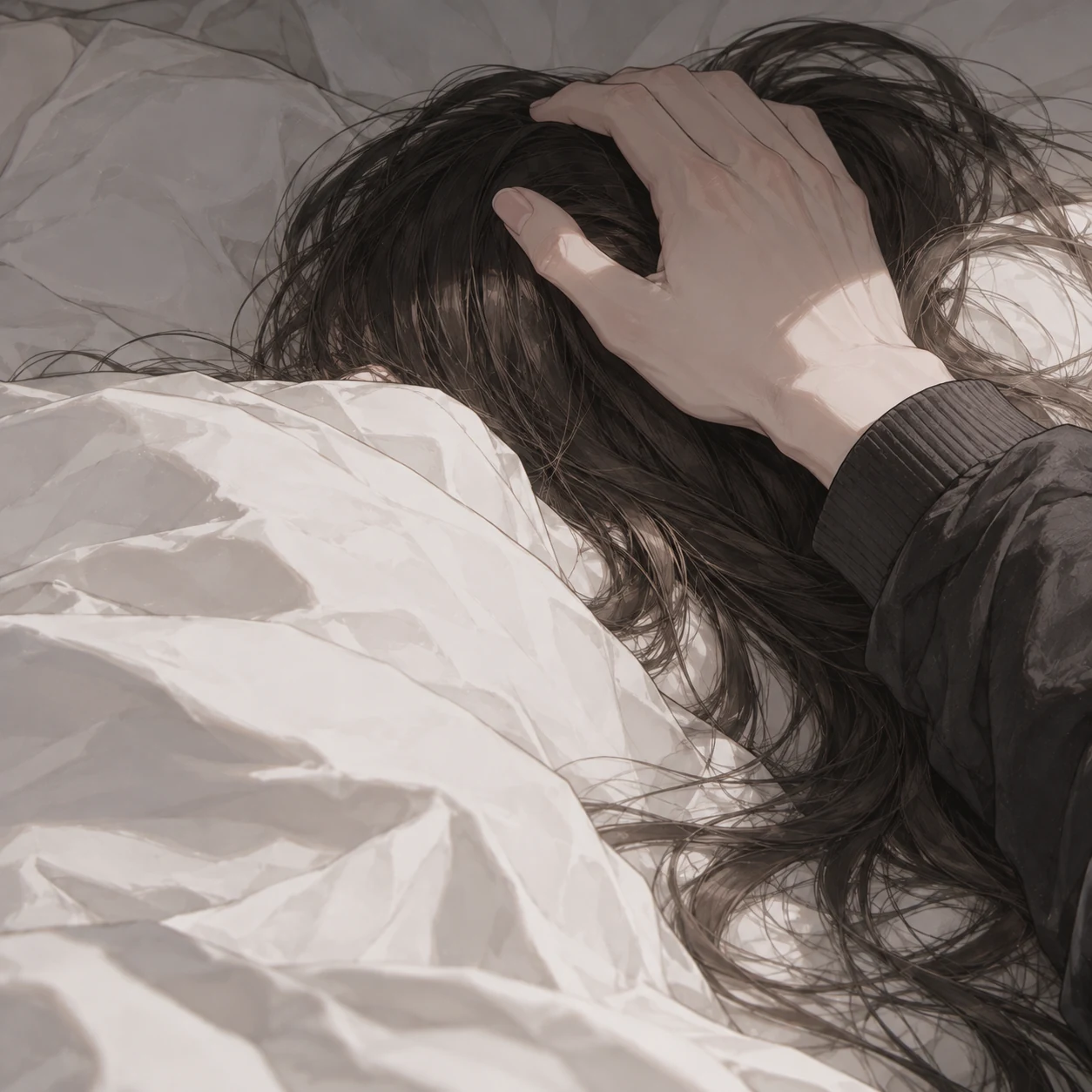 잠든 사람의 머리를 다정하게 쓰다듬는 손